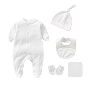 Nouveau-né bébé vêtements 6 pièces infantile à manches longues bonnet bavoirs mitaines chaussettes blanc Onesie coton bébé barboteuse ensemble - Product Image 5