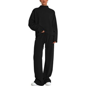 FOXA Women Autumn Sweatsuit <b>Set</b> Mock Neck Long Sleeve <b>Knit</b> Tops Wide Leg Pants Casual Lounge Wear Travel Outfit - Product Image 1