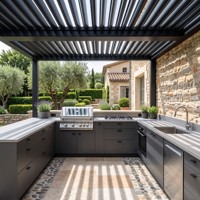 Armoires personnalisées Hyrley pour pergola, avec cuisine extérieure en acier inoxydable en forme de U couleur charbon, équipée d'un barbecue à gaz, d'un évier et d'un four