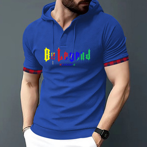 T-shirt à manches courtes pour homme, décontracté, à capuche, avec logo imprimé, sportif, tendance, style urbain, en tissu gaufré - Product Image 3