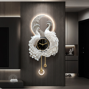 Pintura de decoración de pared de fondo de sala de estar de reloj de gama alta, pintura colgante de pavo real 3D, lámpara de pared creativa - Product Image 3