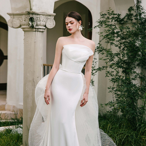 Nuova collezione senza maniche a pieghe sirena abito da sposa in Tulle avorio coda eleganti abiti da sposa da donna - Product Image 1