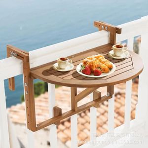 Wooden Balcony Folding <b>Table</b> Semicircular Outdoor Tea Snack Rack <b>Adjustable</b> Storage Shelf - Product Image 1