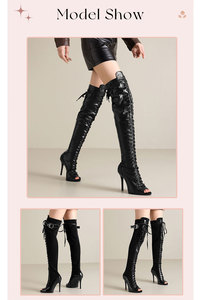 Botas altas hasta <span class=keywords><strong>el</strong></span> muslo con punta abierta para mujer, con cordones, tacón de aguja, de gamuza y charol, para pole dance, con hebilla - Product Image 6