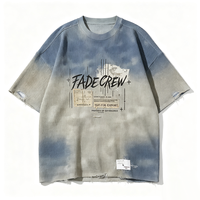T-shirt Oversize Col Rond Kornit DTG Vintage Effet Vieilli Imprimé Ligne Verticale Journalière Bords Effilochés Multi-Trous Style Urbain