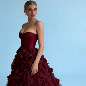 Robes de soirée pour femmes, <span class=keywords><strong>robe</strong></span> de bal en tulle bordeaux sans bretelles, col cœur, applique de rose 3D, vente en gros d'usine - Product Image 6