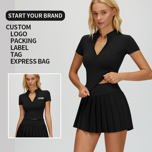 Ensemble de yoga et de sport pour femme : <span class=keywords><strong>Jupe</strong></span> de <span class=keywords><strong>tennis</strong></span>, haut court à demi-zip, short cycliste, soutien-gorge dos nu à col en V, leggings de yoga taille haute, ensembles d'entraînement assortis - Product Image 3