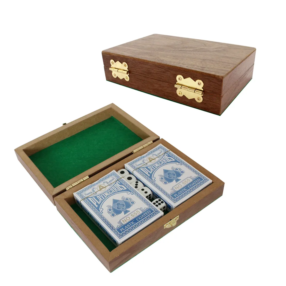 Dayanıklı bir MDF ahşap kutuda iki yüksek kaliteli kart ve beş zar ile özelleştirilebilir Poker oyun seti