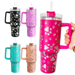 Açık kamp fincan toz kaplı kupa çita leopar inek baskı 40oz kazınmış kedi pençe Tumbler kolu ile