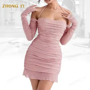 2024 Manufacturer Custom Latest Fashion Collection Elegant Summer Women Soft Pink Diamond Decoration Mini Dress