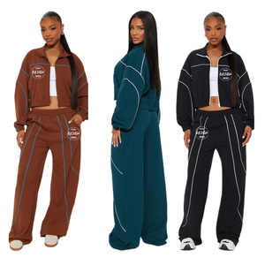 Nouvel ensemble deux pièces décontracté pour femme : veste zippée à col montant et manches longues avec logo personnalisé et pantalon <span class=keywords><strong>large</strong></span> – Collection Hiver - Product Image 1