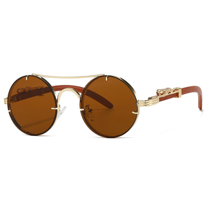 Lunettes de soleil de luxe vintage pour femmes, monture ronde à double pont, style punk, avec décoration léopard doré et branches en <span class=keywords><strong>bois</strong></span>, modèle 2026, pour hommes et femmes - Product Image 4