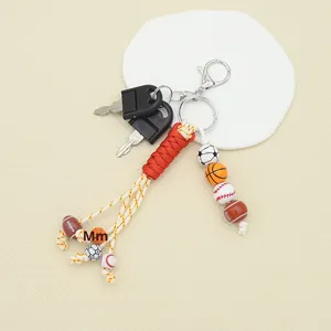 Wholesale Sport Theme Keychain Braided Rope with Football Basketball Wooden Beads <b>Key</b> <b>Rings</b> for <b>Bags</b> - Product Image 3