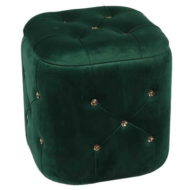 Green velvet covered wooden cube puff stool with crystal