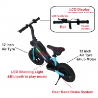 Vélo d'équilibre électrique pour enfants avec musique et lumière LED, cadre en acier, pneus de 12 pouces, pour les enfants de 6 ans et plus