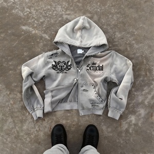 Sweat à capuche court en molleton épais français, imprimé personnalisé avec strass, zippé, 100 % coton, délavé à l'acide, effet vieilli pour homme - Product Image 3