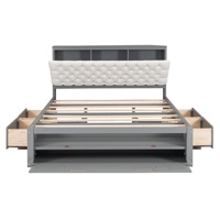 Lit bas en bois massif rembourré gris à motif losanges avec tiroirs de rangement sous le lit, modèle N112, démontable