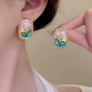 Boucles d'oreilles clous en perles baroques roses, boucles d'oreilles peintes à l'huile, boucles d'oreilles rectangulaires irrégulières en perles d'eau douce naturelles, <span class=keywords><strong>bijoux</strong></span> pour femmes - Product Image 4
