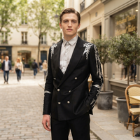 Veste de Costume Homme Noire Dorée Brodé Double Boutonnage Blazer de Luxe à Paillettes Dorées Anti-Plis 100% pour Tenues Professionnelles