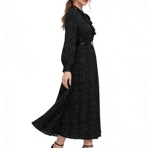 Robe longue plissée à pois pour femme, col noué, manches longues, fluide, style vintage décontracté, Sehe Fashion - Product Image 5