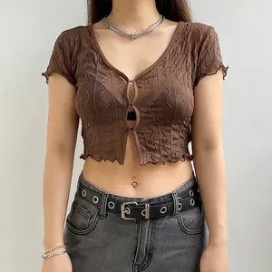 2024 Summer New Hot Girl Style Sexy Fashion Short-Sleeve Navel Lace Translucent Mesh Top Women Casual V-Neck Knitted Short