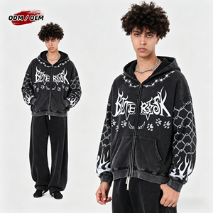 Vintage Oversized Washed Zip-Up Hoodie Graphic Print Unisex Y2K Streetwear Zip Hoodie Distressed YKK Zipper Hoodie - Product Image 1