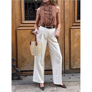 FOXA Blusa sin mangas con lunares para mujer, blusa elegante de gasa con volantes y botones para oficina - Product Image 3