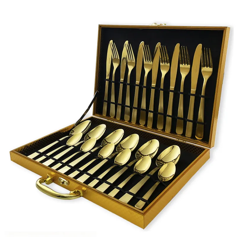 Low Price Custom Logo gold flatware set stainless steel cutlery set with box 24pcs luxury gift gold cutlery set for wedding