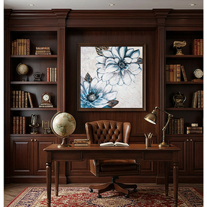 Peinture à l'huile de fleurs bleues et blanches sur toile, art mural floral texturé, œuvre d'art moderne carrée pour la décoration du salon - Product Image 5