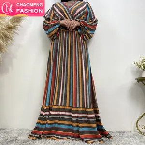 Vestido feminino islâmico de listras, mangas soltas com zíper lateral, decote em v, casual, tecido islâmico, elástico, 6333 #