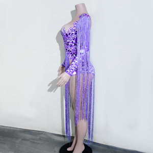 Combinaison sexy violette à imprimé numérique, ornée de strass et de franges en cristal, pour spectacle sur scène, performance de drag queen, chanteuse, diva, <span class=keywords><strong>costume</strong></span> - Product Image 5