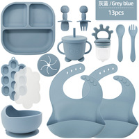 Logo personnalisé Ventouses puissantes sans BPA Produit en silicone pour bébé Ensemble d'alimentation 13 pièces pour bébé Cuillère souple Fourchette avec sucette