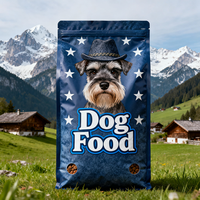 Sac d'emballage personnalisé pour aliments naturels et sains pour chiens, riche en protéines, avec fermeture éclair refermable et fenêtre transparente, format pochette verticale.