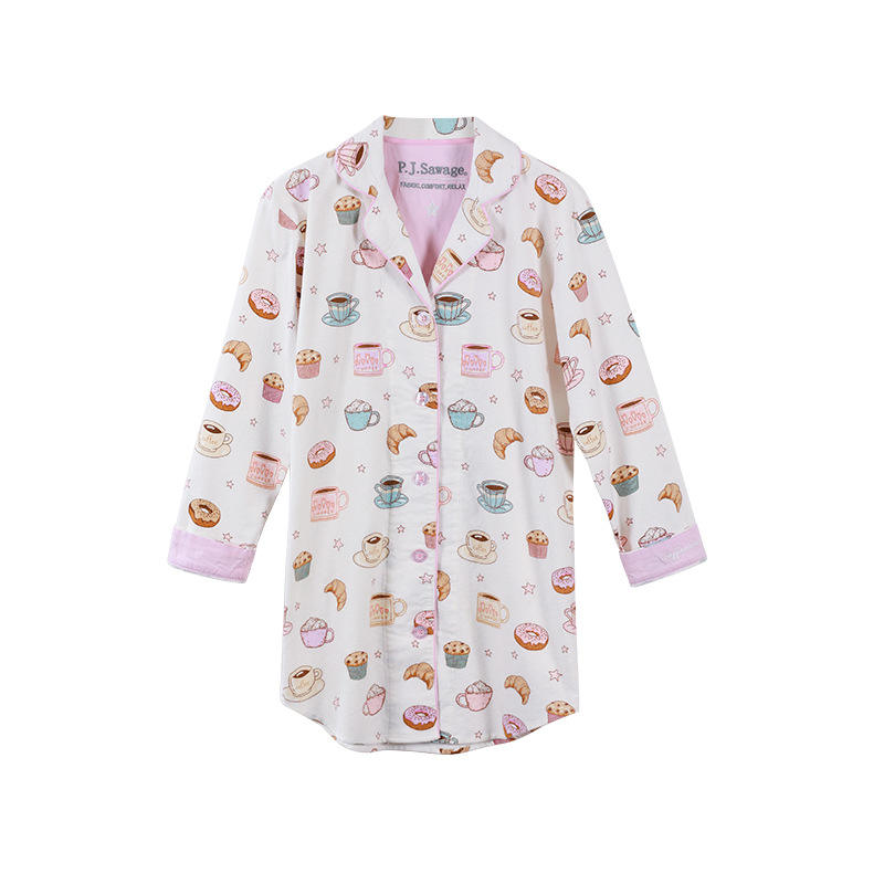 ชุดนอนผ้าฝ้ายขัดผิวลายกาแฟพร้อมขนมปัง