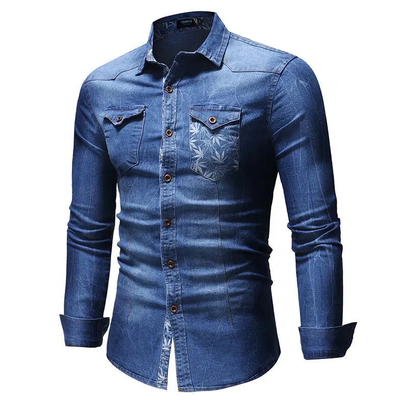 Top Selling Denim Shirt Casual Spring Printed Long Sleeve Men's Jeans Shirt