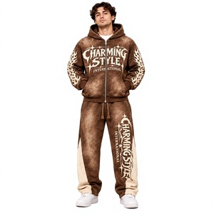 500gsm Heavy Zip <b>Hoodie</b> Set, Men's Casual Tracksuit Wholesale, Solid <b>Fleece</b> Blank Style Available for Custom Logo - Product Image 1