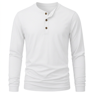 Nueva Camiseta Henley Blanca de Manga Larga para Hombre, al por Mayor, OEM ODM, 100% Algodón, Corte Ajustado, Color Sólido, Cuello Redondo, Logotipo Frontal - Product Image 1