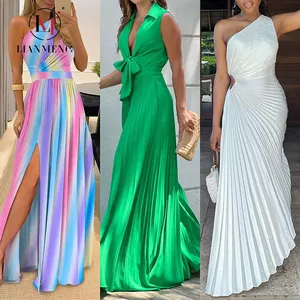 Lianemeng B901 Cơ Thể Mới Ăn Mặc 2023 Mùa Hè Cộng Với Kích Thước Womens Quần Áo Rắn Hollow Pleated Dài Ăn Mặc