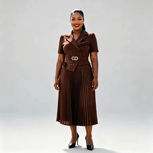 Robe plissée style blazer en gros avec revers cranté, accent floral 3D, <span class=keywords><strong>ceinture</strong></span> à <span class=keywords><strong>boucle</strong></span> métallique, grande taille, style Miyake - Product Image 4