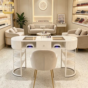 Station de manucure double haut de gamme, entièrement blanche, <span class=keywords><strong>à</strong></span> rainures verticales, avec plateau incurvé, pour salon de manucure et spa de beauté - Product Image 4