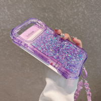 Coque antichoc 3-en-1 en TPU+PC avec paillettes et perles tendance, dragonne, pour iPhone Air 11 12 13 14 15 16 17 Pro Max