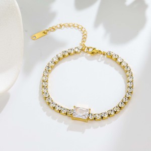 18K Gold Plated Stainless Steel Tennis Chain Women's Jewelry <b>Set</b> <b>Square</b> Zircon Crystal Rhinestone Pendant Trendy Daily Wear - Product Image 4