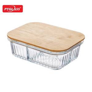 Boîte à bento en verre Pyglass avec couvercle - Contenant alimentaire rectangulaire en verre borosilicate de haute qualité avec couvercle en bois - Product Image 1