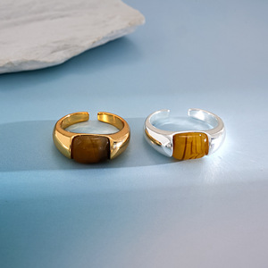 Minimalist Wrap Tiger Eye <b>Stone</b> <b>Ring</b> 18K Gold Silver <b>Two</b> Tone Plated Chunky Wide Band Statement Finger <b>Ring</b> - Product Image 3