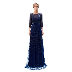 ASA96683 Vintage Crystal Night Gown Scoop Neck Three Quarter Sleeve <strong>Aline</strong> Long Evening <strong>Dress</strong>