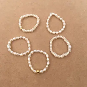 Ring Design Multi Beaded Pearl Rings Natural Freshwater Pearl Geometric Rings For Girls Handmade Natural Pearl Ring With Gold Beads 3-4 Mm