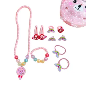 Groothandel Kinderen Roze Sieraden Set Spelen Ringen Kettingen Armbanden Voor Peuter Meisje Kostuum Jurk Up Sieraden Set
