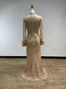 MB239002 Robe de soirée à paillettes perlées, plumes accentuées, manches longues, col haut, dubaï, musulmane, arabe, pour femmes, bal de promo - Product Image 5