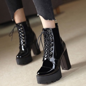 Mirror Patent Leather Platform Round Toe Women Ankle <b>Boots</b> Big Size 43 Side Zipper Chunky High Heel Short Booties for Ladies - Product Image 5