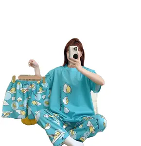 Melhor preço verão leite seda manga curta calças noite pijama dos desenhos animados três peças um conjunto pijama poliéster pijama das mulheres nightwear